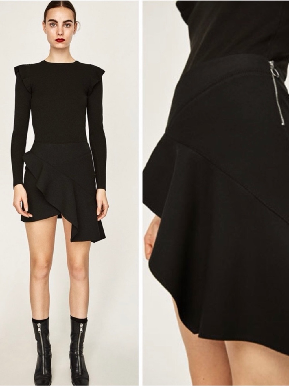 Zara Black Asymmetrical Ruffle Mini Skirt